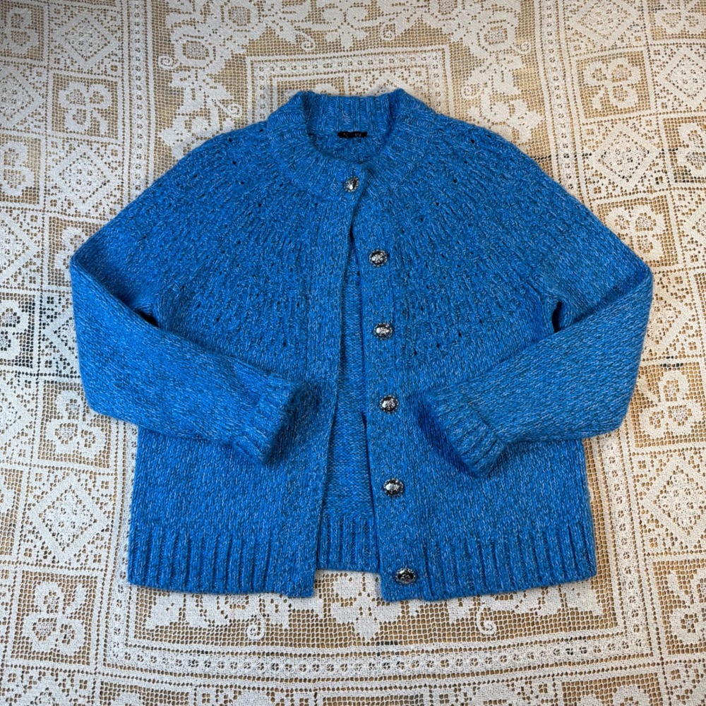 Talbots Blue Chunky Knit Cardigan Size M Crest Button Pointelle Academia Sweater